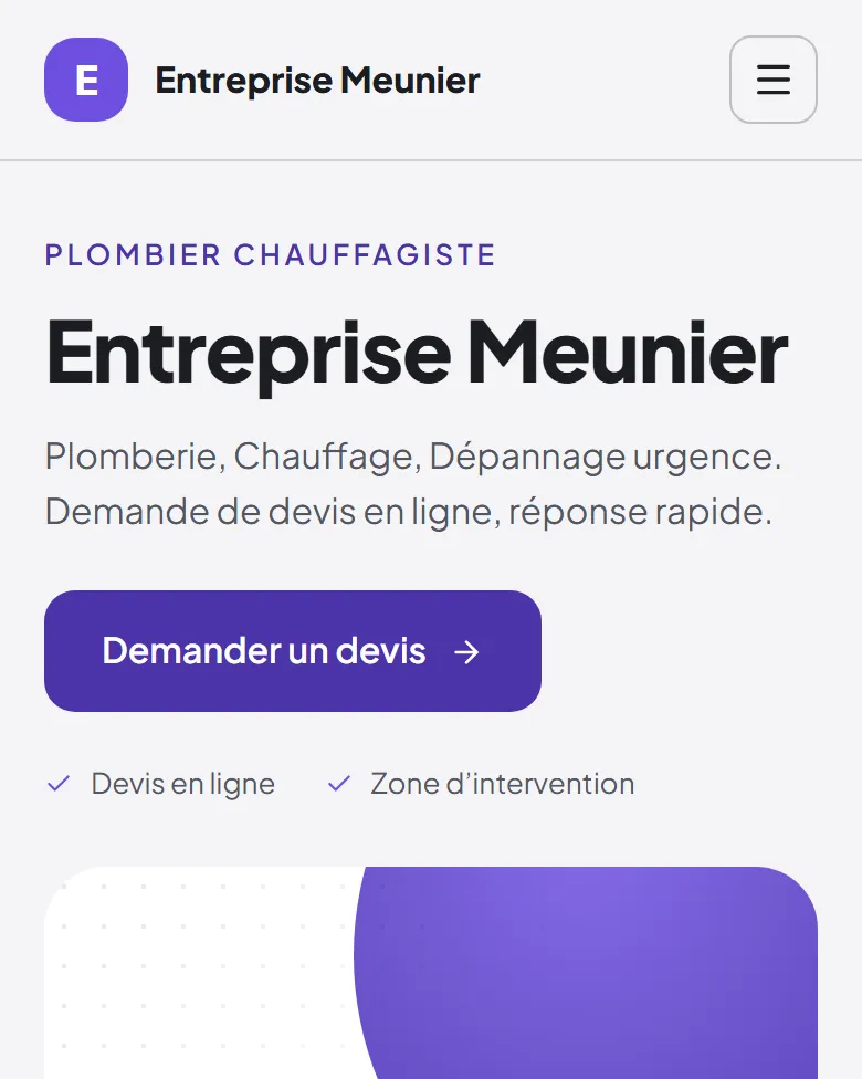 Nouveau site d’un plombier chauffagiste : services en tête de page, demande de devis et zone d’intervention en évidence